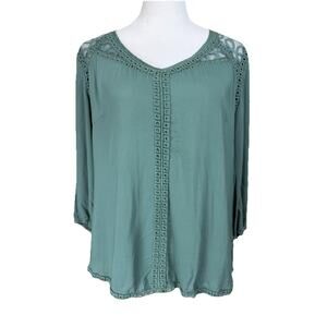 Ezra Women's‎ Top Blouse L Green Lace Trim Peasant Cottagecore Boho Lightweight